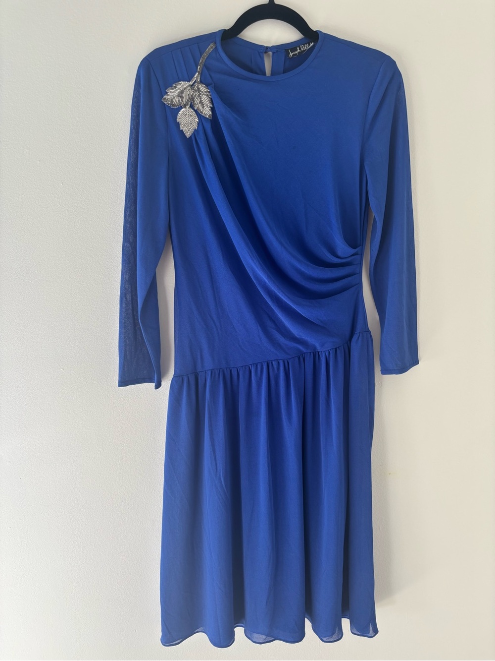 Joseph Ribkoff Cobalt Blue Long-Sleeve Draped Dress with Silver Leaf Detail